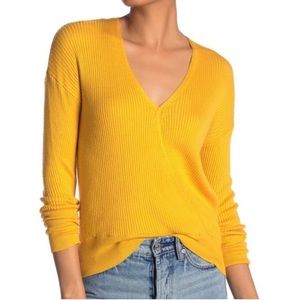 Elodie-Yellow Ribbed Faux Wrapped Knit Sweater